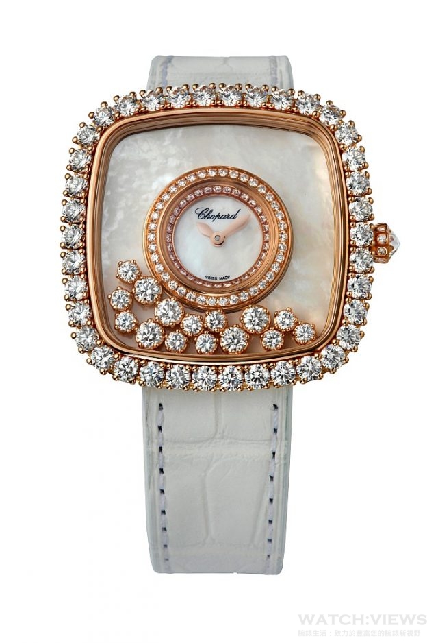 蕭邦Happy Diamonds腕錶 18K白金材質方型腕錶，型號204368-5001，18K玫瑰金材質方型腕錶，錶圈鑲有爪鑲鑽石，珍珠母貝錶面含15顆兩種不同大小的滑動鑽石，搭配白色鱷魚皮錶帶，售價: NT $1,783,000，限量發行150枚。