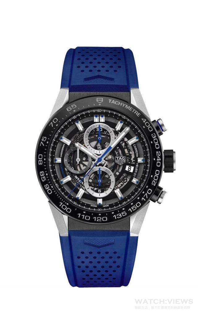 Carrera CAR2A1T.FT6052 Calibre Heuer 01 機芯, 自動上鍊 錶殼：精鋼 錶圈：陶瓷 ,測速儀 錶面：黑色鏤空 錶帶：藍色橡膠 45 MM  參考價：NTD173,200