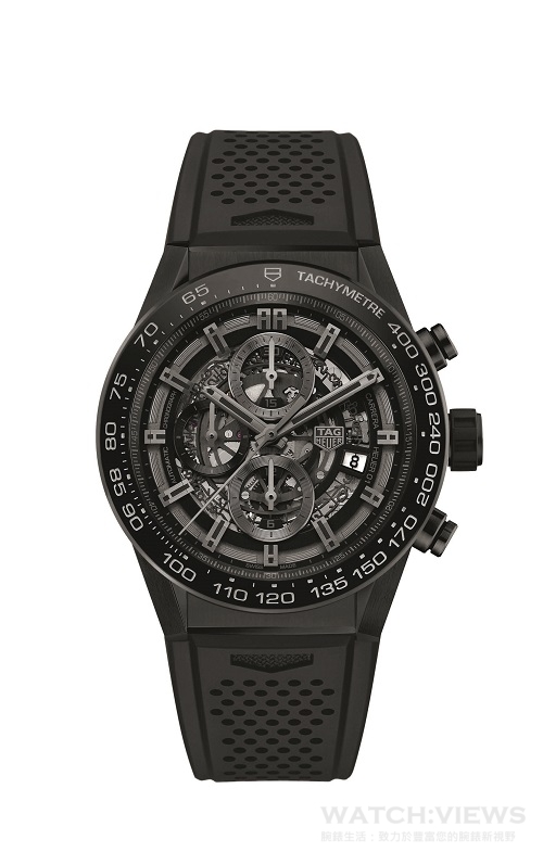 Carrera CAR2A90.FT6071 Calibre Heuer 01 機芯, 自動上鍊 錶殼：黑色陶瓷 錶圈：陶瓷 ,測速儀 錶面：黑色鏤空 錶帶：黑色橡膠 45 MM  參考價：NTD228,700
