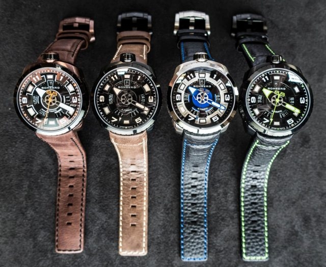 Bomberg BOLT-68  3-HANDS AUTOMATIC 自動大三針系列腕錶 不鏽鋼錶殼，錶徑45毫米，藍色、雪茄色、黑綠色或黑色面盤，時、分、秒顯示，夜光塗層，小日期顯示，SELLITA–SW200 自動上鍊機械機芯，專利栓銷裝置，錶身可拆下，另組成懷錶，懷錶套件含鍊子及蓋板，手工牛皮錶帶，訂價NTD56,800。