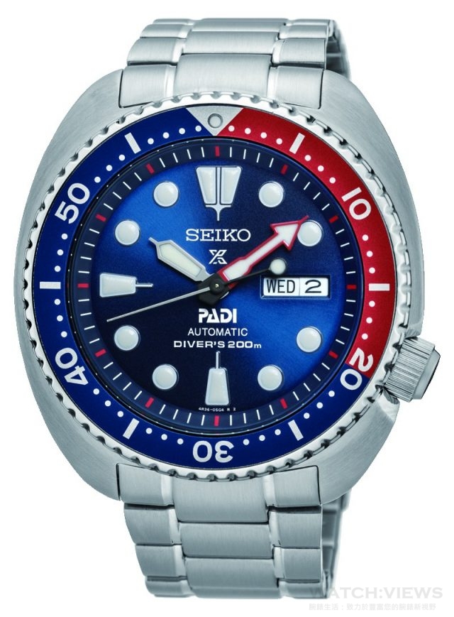 SEIKO PROSPEX  PADI聯名錶款，型號SRPA21J1，建議售價NTD17,500，不鏽鋼錶殼，強化鏡面，4R36機械機芯，自動兼手上鍊，動力儲存約50小時，日差+25~-15秒，23石， 200米潛水專用，透視背蓋，錶冠置於四點鐘方向，不妨礙手腕動作，使用SEIKO專利Lumibrite夜光塗料，以 PADI 徽章為設計概念紅藍色調。