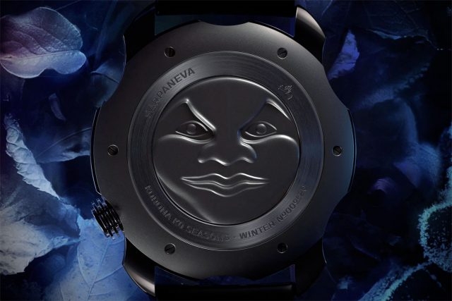 Korona K0 Seasons季節腕錶的錶殼背面鐫科有品牌標誌性月相臉。