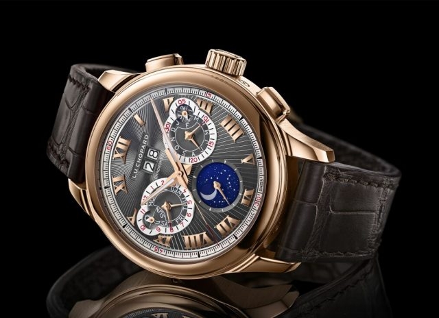 L.U.C Perpetual Chrono腕錶的黑色大型鱗紋手工縫製鱷魚皮錶帶，以及為錶帶配置栗色小型鱗紋鱷魚皮襯裡。