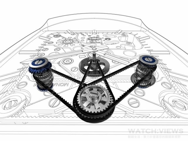 Monaco V4以直線軌道進行皮帶傳動和線性重力運動，顛覆了鐘錶機械原理。