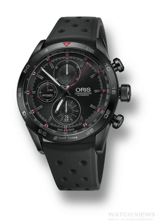 Oris Audi Sport Limited Edition III限量錶型號 01 774 7661 7784 RS，黑色DLC塗層鈦金屬錶殼，錶徑44毫米，Oris自動機芯 Cal. 774 ，具有計時功能，日期視窗位於6點鐘位置和垂直倒數計時功能位於9點鐘位置，內外側球型切割的抗折射藍寶石水晶玻璃錶鏡，黑色穿孔橡膠錶帶搭配黑色DLC塗層鈦金屬摺疊帶扣，全球限量500只，底蓋刻有Audi Sport R18賽車輪廓和限量編號，建議售價NT$122,500。
