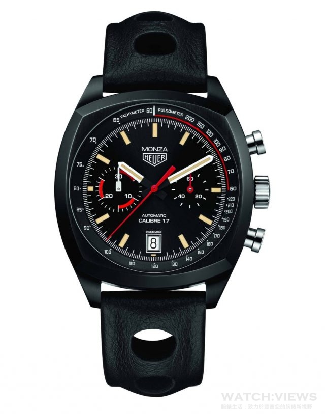 TAG Heuer Monza 40th Anniversary Calibre 17型號CR2080.FC6375，碳化鈦塗層處理5級鈦金屬錶殼和錶圈，直徑42毫米，黑色太陽紋錶盤，壓印復古Heuer標誌，錶盤壓印「MONZA」和「Automatic – Calibre 17」字樣，Calibre 17自動上鍊計時機芯，具日期顯示，以「15次脈搏跳動」為單位的脈搏計刻度（於第一下脈搏跳動時開始計時，第15下時停止）和轉換時間速度的測速刻度，雙面防反光抗磨損藍寶石水晶鏡面，拋光精鋼錶冠鐫刻Heuer標誌，旋入式底蓋鐫刻 "MONZA" 及復古 " HEUER" 字樣, 及「No XXXX」編號，防水100米，黑色穿孔小牛皮錶帶,設計靈感源自復古方向盤，建議售價NTD 177,900。