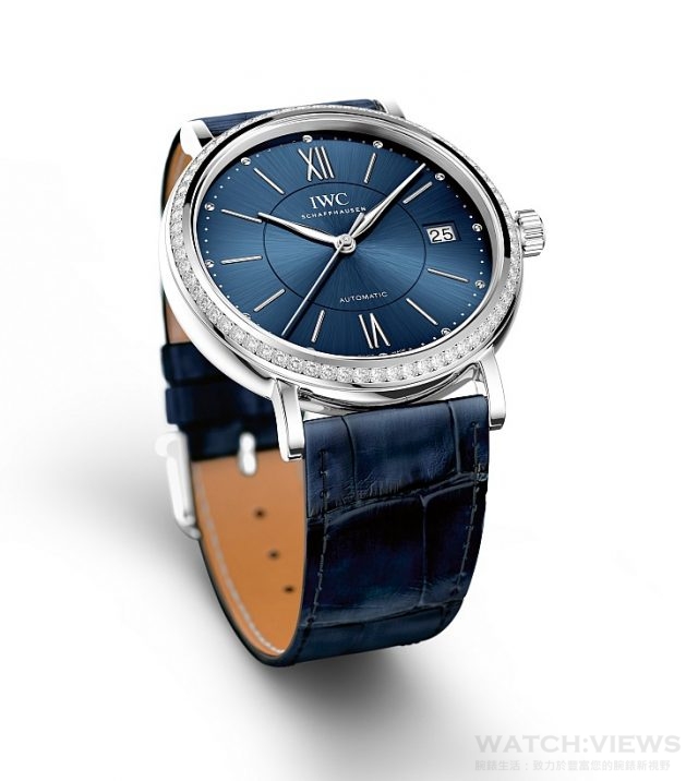 PORTOFINO AUTOMATIC 37柏濤菲諾自動腕錶37精鋼錶殼鑲嵌66顆鑽石，錶徑 37 mm，藍色錶盤，自動上鏈機芯，藍色Santoni鱷魚皮錶帶，建議售價NTD338,000。