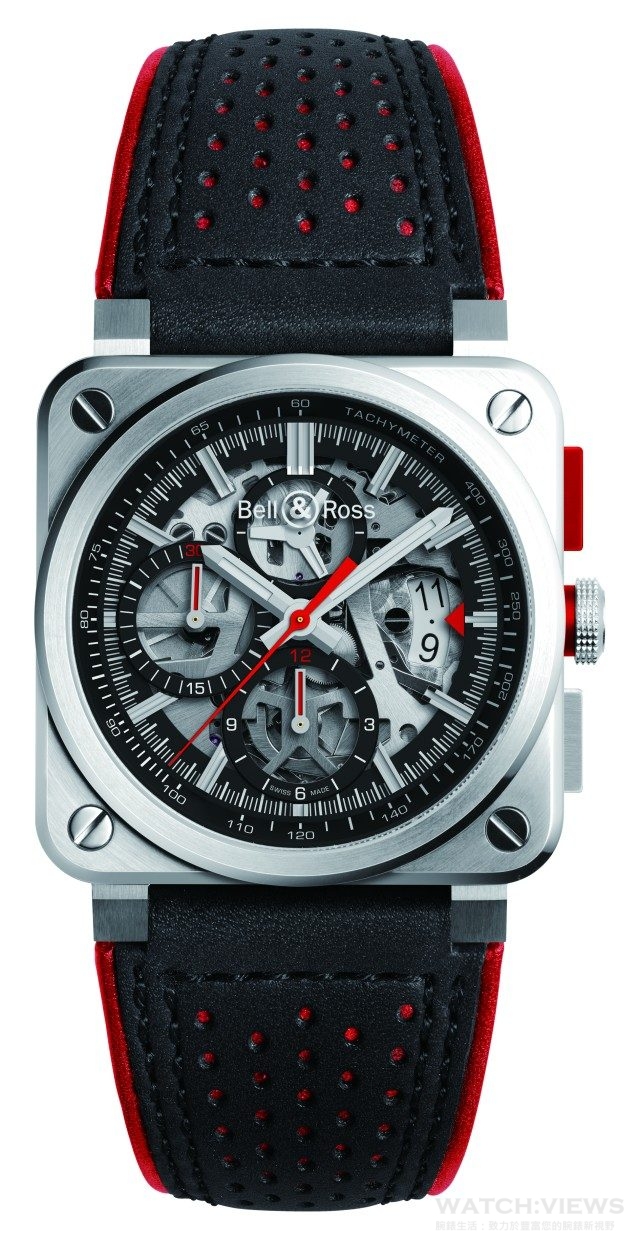 BR 03-94 AeroGT 腕錶不鏽鋼錶殼，錶徑42 毫米，藍寶石水晶玻璃鏡面，防水100 米，小牛皮錶帶內襯耐磨合成織物，時、分、小秒針、日期顯示、計時碼錶、測速儀、Superluminova 夜光指針，BR-CAL.319 自動上鍊機芯，建議售價：NTD302,600。