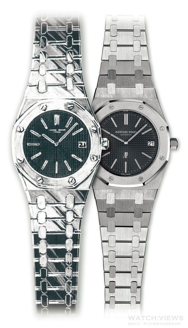 1972年：Gérald Genta的設計草圖（左）和第一款愛彼皇家橡樹系列腕錶。