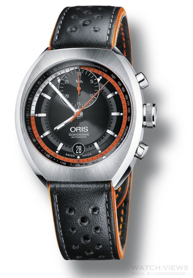 Chronoris combines the style of the 1970 original with the latest developments in High-Mech technology. This includes the additional minute counter positioned at 12 o’clock, tachymeter scale on the inner dial ring, and the Quick Lock system to secure the big crown. The black and orange leather strap emphasises the sports styling of the chronograph.