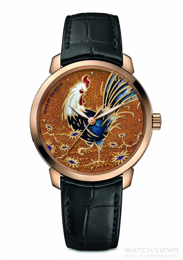 雅典Classico鎏金金雞腕錶18K玫瑰金錶殼，錶徑40毫米，公雞圖案內填琺瑯錶盤，時、分、秒顯示，UN-815自動上鍊機芯，動力儲能42小時，瑞士COSC官方天文台認證，防水50米，全球限量發行88枚。