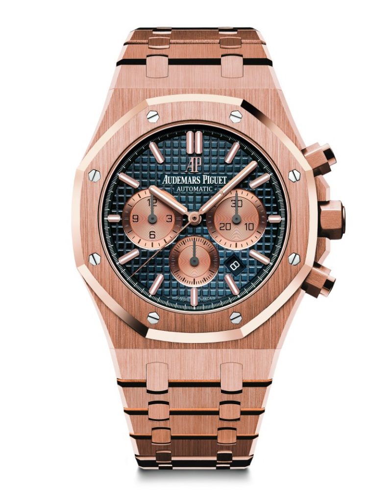 愛彼皇家橡樹計時碼錶，型號26331OR.OO.1220OR.01，18K玫瑰金錶殼及鏈帶，藍色錶盤。