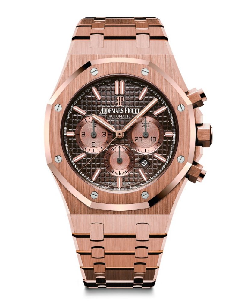 愛彼皇家橡樹計時碼錶，型號26331OR.OO.1220OR.02，18K玫瑰金錶殼及鏈帶，棕色錶盤。