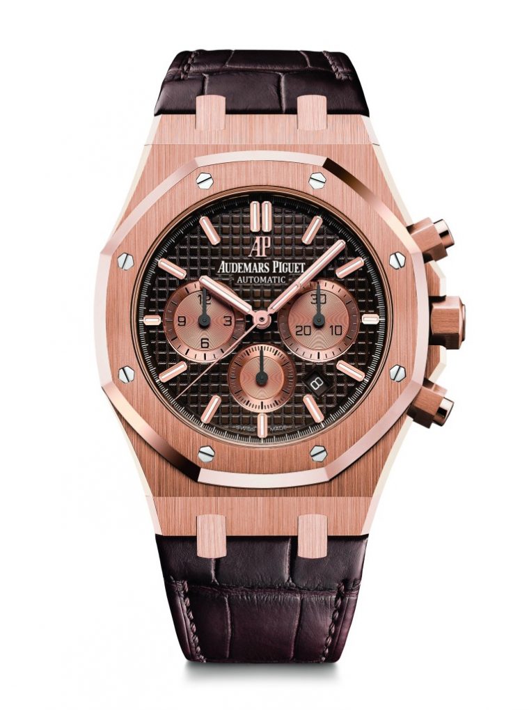 愛彼皇家橡樹計時碼錶，型號26331OR.OO.DCR.01，18K玫瑰金錶殼，鱷魚皮錶帶，棕色錶盤。