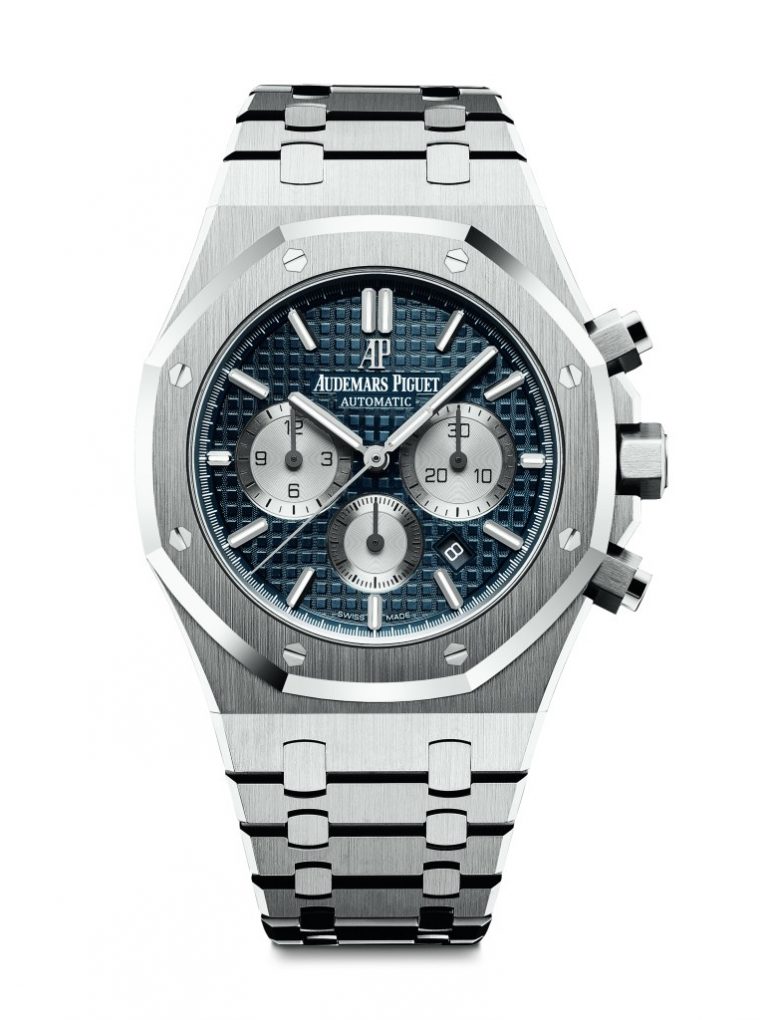愛彼皇家橡樹計時碼錶，型號26331ST.OO.1220ST.01，不銹鋼錶殼，藍色錶盤。