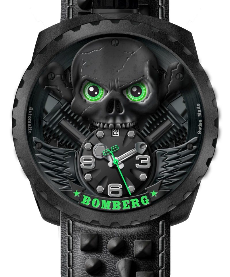 Bolt-68 Skull Rider骷髏騎“Blackheart”，黑色PVD不銹鋼錶殼，隨著時間變化，骷髏的眼睛也會隨之變色。全開時為綠色，闔上眼時則是一片漆黑，ETA2671自動上鍊機芯，動力儲能38小時，藍寶石水晶鏡面。