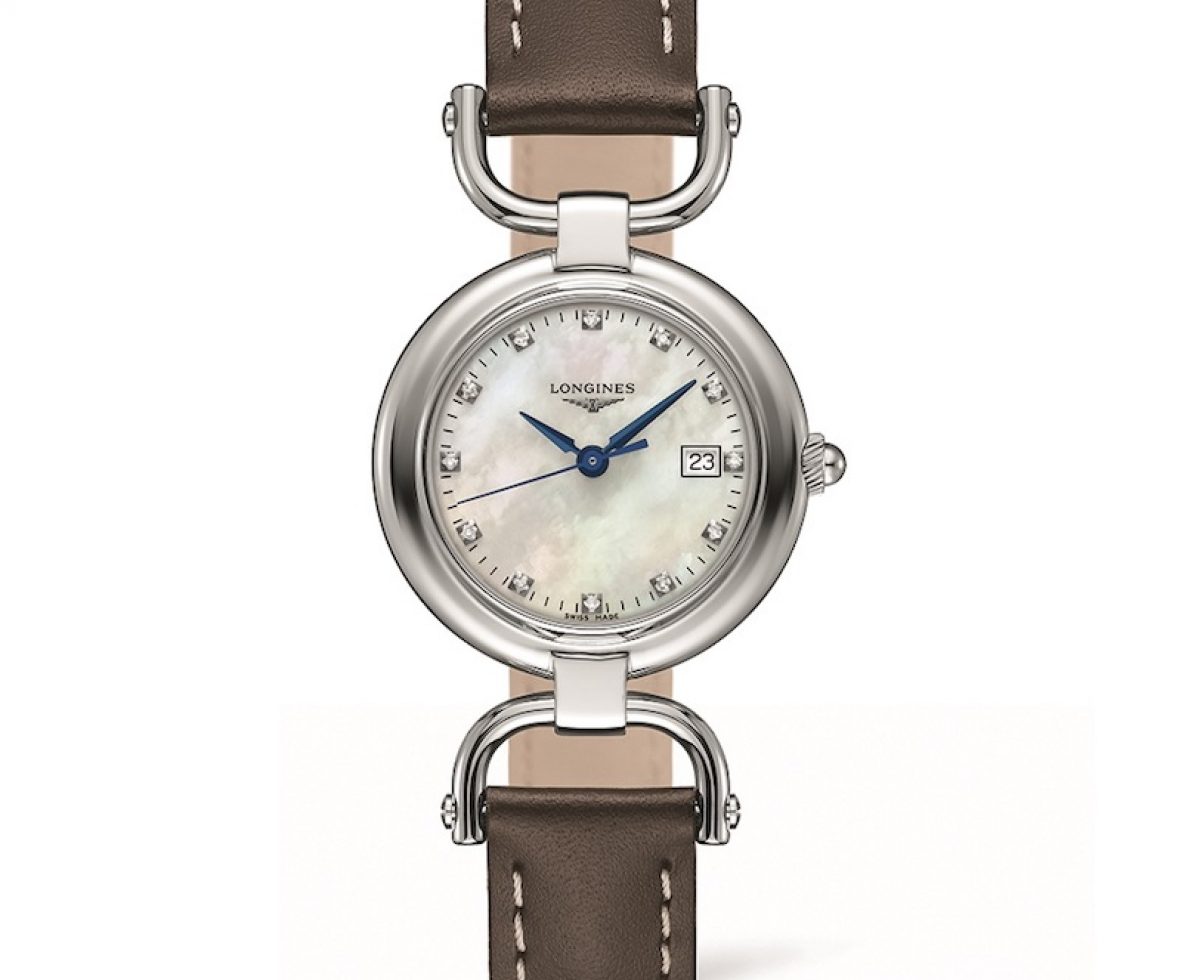 LONGINES 浪琴表騎士系列珍珠母貝點鑽時標馬蹬造型腕錶，參考售價 NTD 45,000
