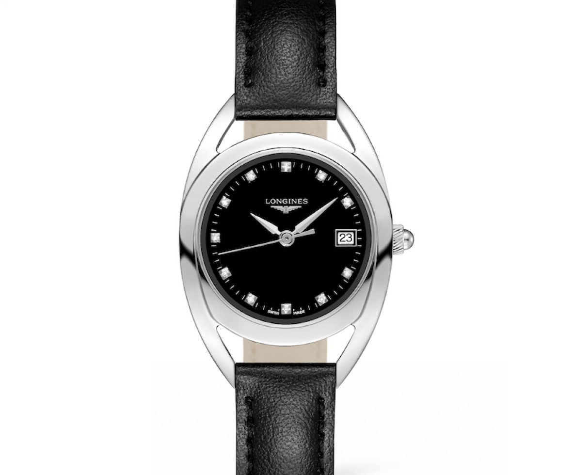 LONGINES 浪琴表騎士系列黑面點鑽時標馬蹄造型腕錶，參考售價 NTD 48,400