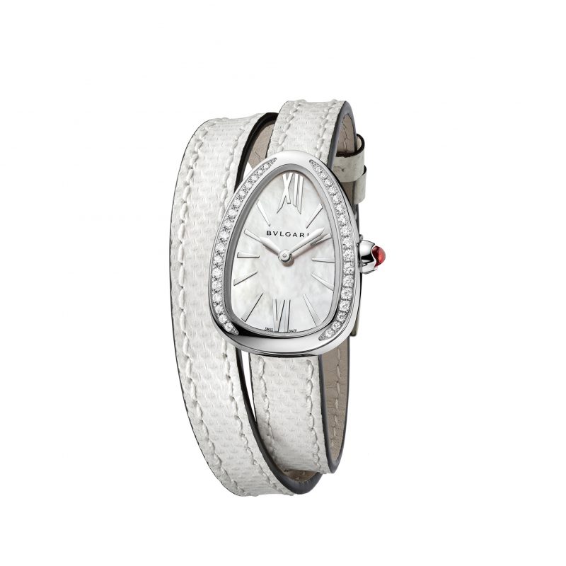 NEW SERPENTI系列白色錶帶精鋼錶鑲鑽殼款，參考售價約NT209,500