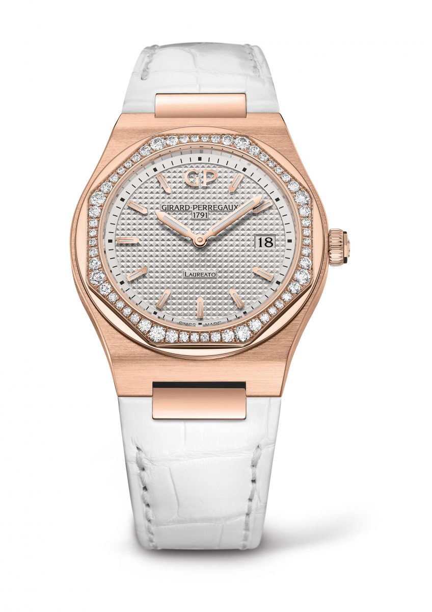 Laureato 桂冠系列34MM鑲鑽玫瑰金錶殼鱷魚皮錶帶，參考售價  NTD 556,000