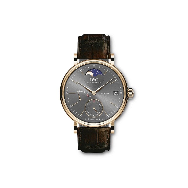 柏濤菲諾手動上鏈月相腕錶，型號IW516403，18K紅金錶殼，錶徑45毫米，時、分、小秒針、動力儲能顯示、月相，59800手上鍊機芯，動力儲備8天(192小時)，Santoni深棕色鱷魚皮錶帶，建議售價NTD760,000。