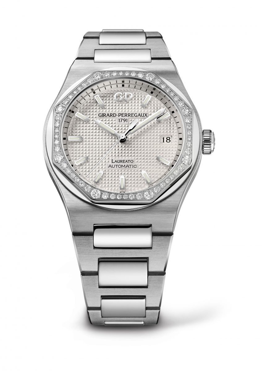 Laureato 桂冠系列38MM鑲鑽不鏽鋼錶殼銀面鋼帶款，參考售價  NTD 440,000