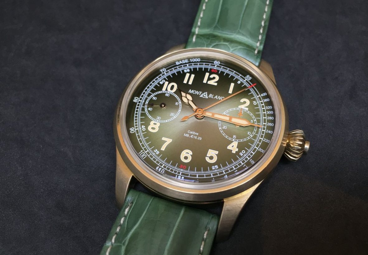 萬寶龍1858測速計時碼錶，青銅錶殼，錶徑44毫米，時、分、小秒針、單按把計時碼錶，MB M16.29手動上鍊機芯，預估拍賣價：瑞士法郎28,000-35,000(美金29,000-36,000)。