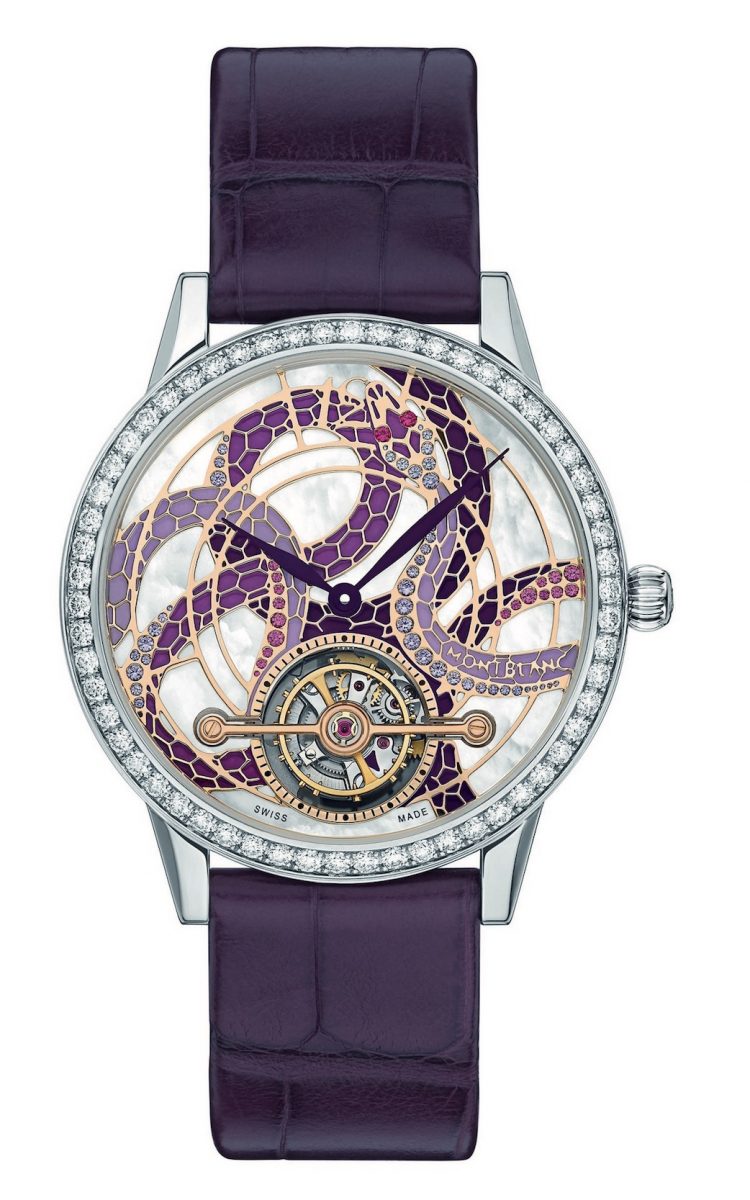 萬寶龍Boheme寶曦系列外置陀飛輪蛇圖騰珠寶限量款18腕錶18K白金款，參考售價 NTD 1,621,000。