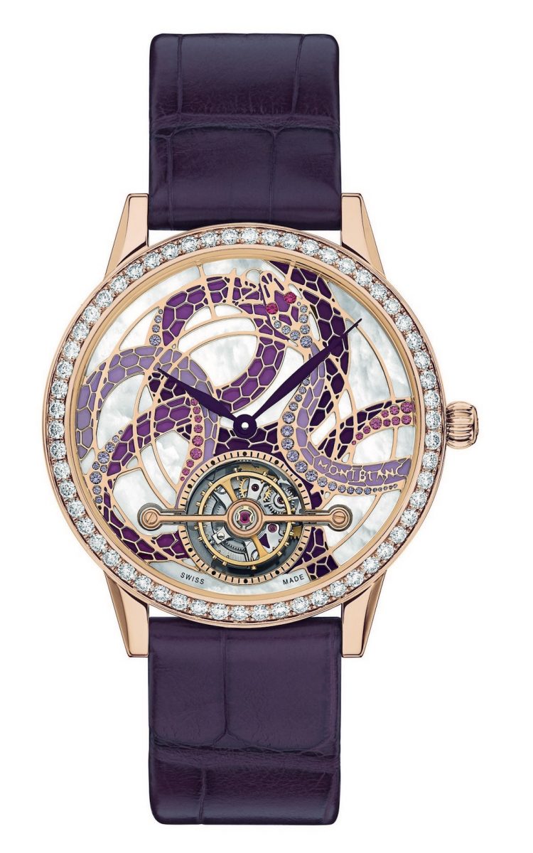 萬寶龍Boheme寶曦系列外置陀飛輪蛇圖騰珠寶限量款18腕錶18K玫瑰金款，參考售價 NTD 1,621,000