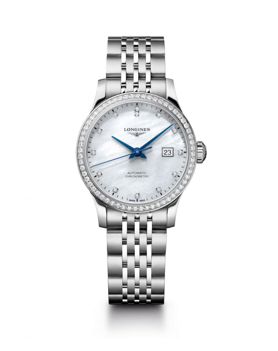 Longines 浪琴表Record系列不鏽鋼鍊帶鑲鑽珍珠母貝錶盤女士腕錶 (L2.321.0.87.6)，參考售價：NTD 147,300。