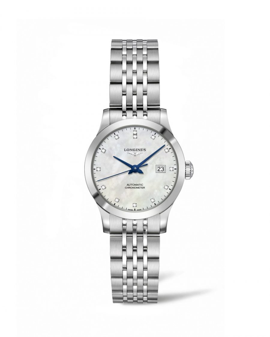 Longines 浪琴表Record系列珍珠母貝面盤鑲嵌點鑽時標不鏽鋼女士腕錶 (L2.321.4.87.6)，參考售價：NTD 75,700。
