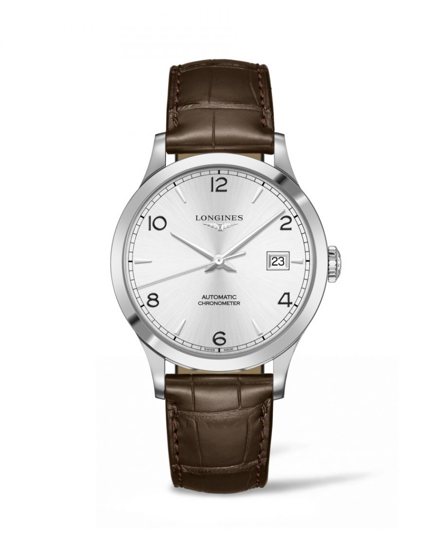 Longines 浪琴表Record開創者系列銀面棕色鱷魚皮錶帶男士腕錶(L2.821.4.76.2)，參考售價：NTD 68,800。