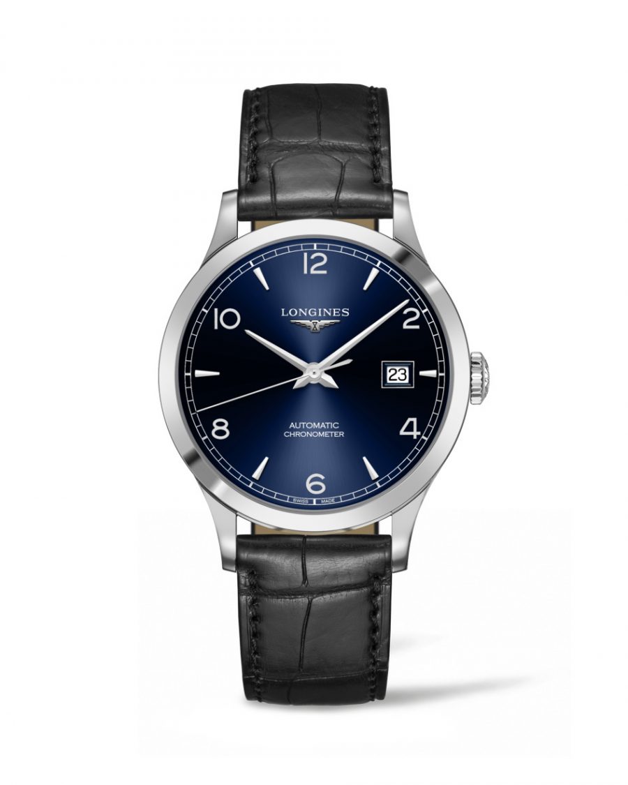 Longines 浪琴表Record系列黑色皮表帶阿拉伯數字藍面男士腕錶 (L2.821.4.96.2)，參考售價：NTD 68,800。