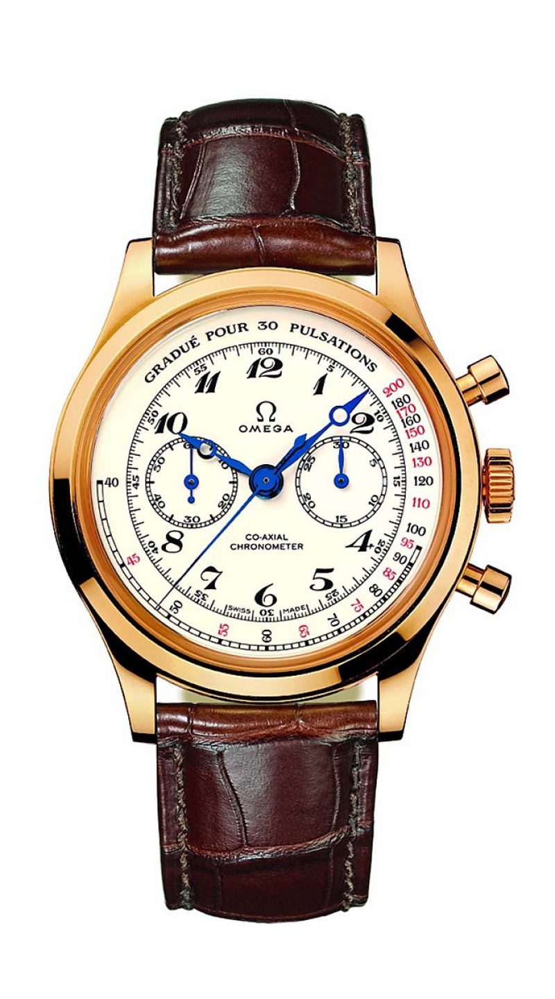 <strong>博物館系列十號，The MD’s watch</strong><br>OMEGA博物館系列10號，在1938年推出即具備測量脈博的功能，而被當時稱為「MD錶」，其名稱來自拉丁文「medicinae doctor」，也就是「醫師」的意思。OMEGA博物館10號由OMEGA獨家3203機芯所驅動，搭載OMEGA同軸擒縱裝置、無卡度游絲以及導柱輪計時碼錶等複雜機制。18K黃金錶殼(39mm)搭配棕色鱷魚皮錶帶與18K黃金拋光扣環，展現大器不凡的風範。錶面採用少見象牙色琺瑯面盤，飾以草寫阿拉伯數字並搭配藍鋼魚眼指針。2點鐘及4點鐘採用圓形按把，讓整體設計更充滿傳統風格。
