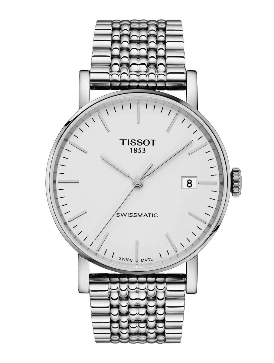 天梭表 Everytime Swissmatic魅時系列自動腕錶白面鏈帶款，參考售價 NTD 15,100。