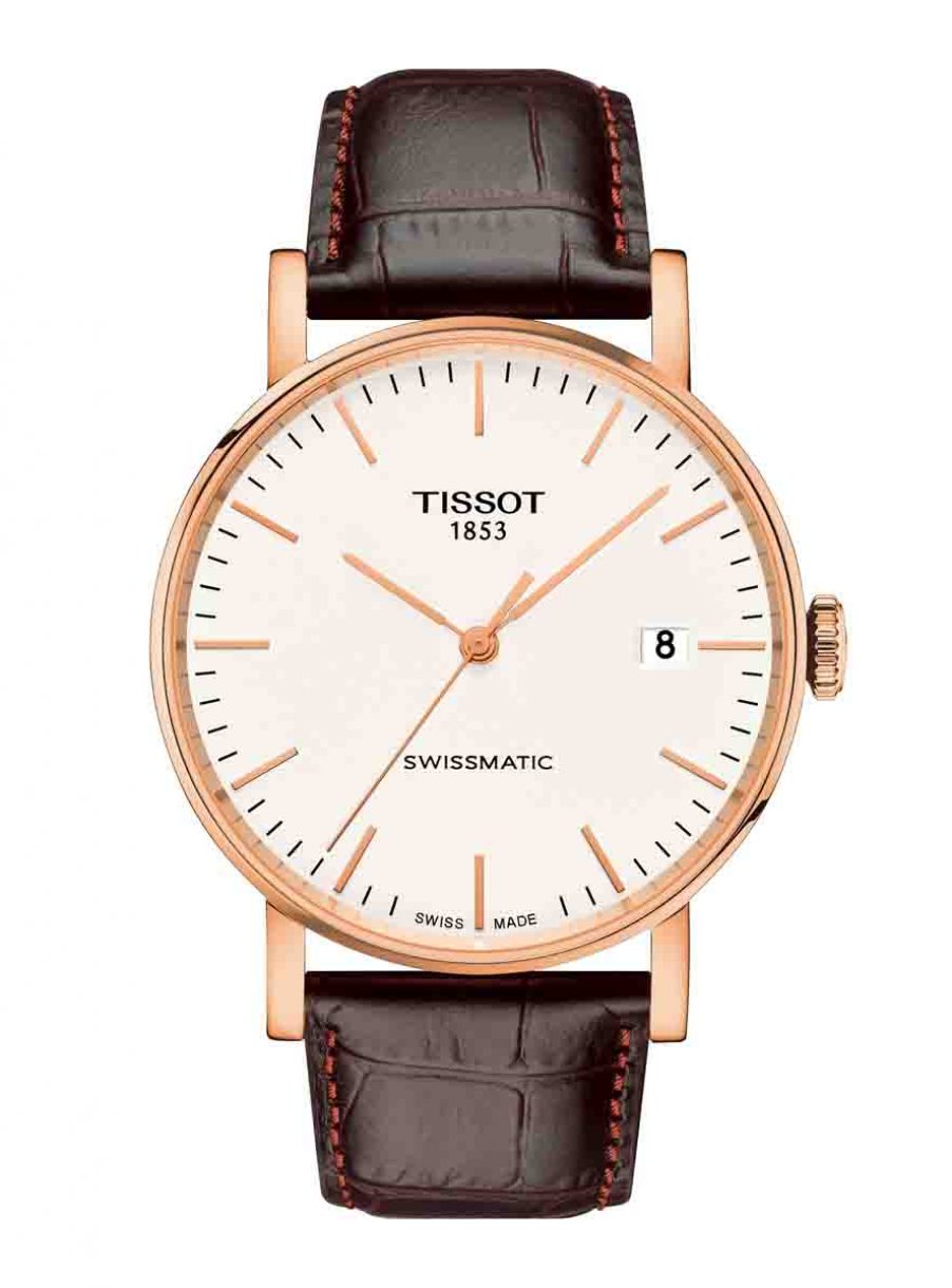 天梭表 Everytime Swissmatic魅時系列自動腕錶白面皮革款，參考售價 NTD16,900。