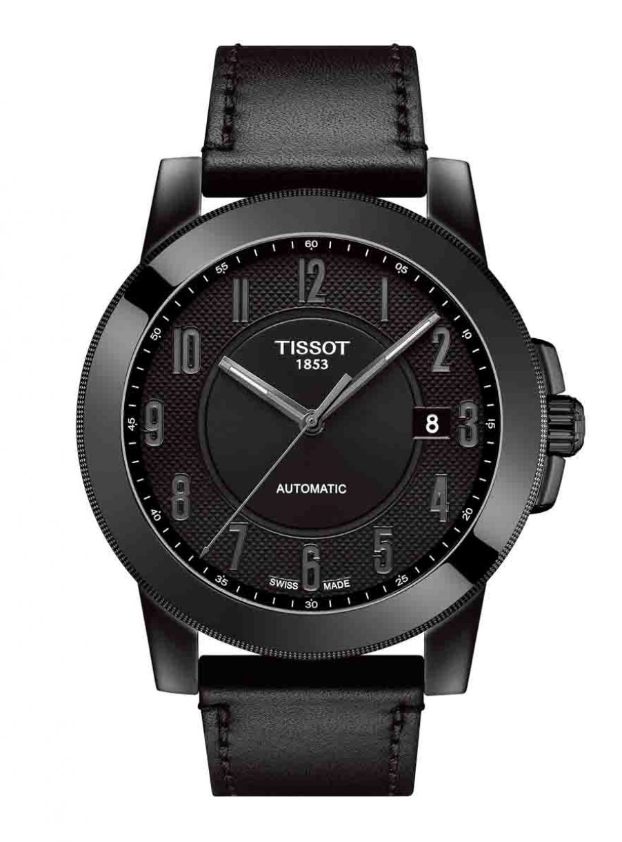 天梭表 Gentleman紳士系列自動腕錶全黑皮革皮款，參考售價 NTD 13,700。