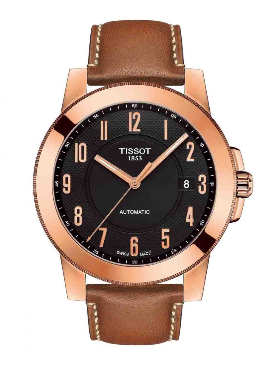 天梭表 Gentleman紳士系列自動腕錶玫瑰金皮革款，參考售價 NTD 13,700。