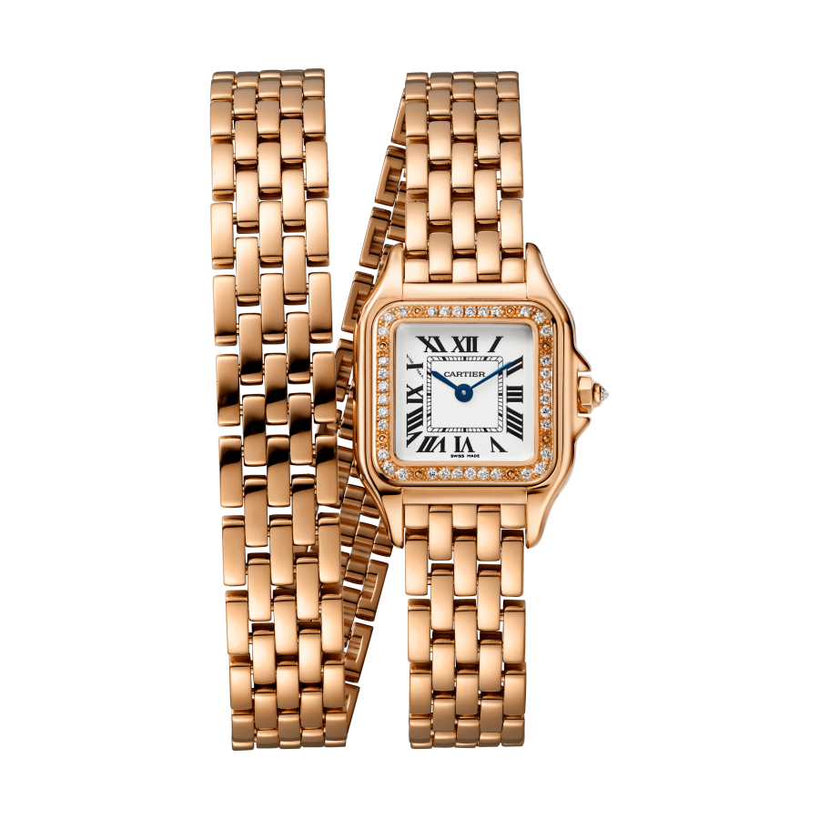 Panthère de Cartier美洲豹腕錶，玫瑰金，鑲鑽錶圈，雙環錶鍊，石英機芯，小型款，參考價格：約 NTD 1,180,000。
