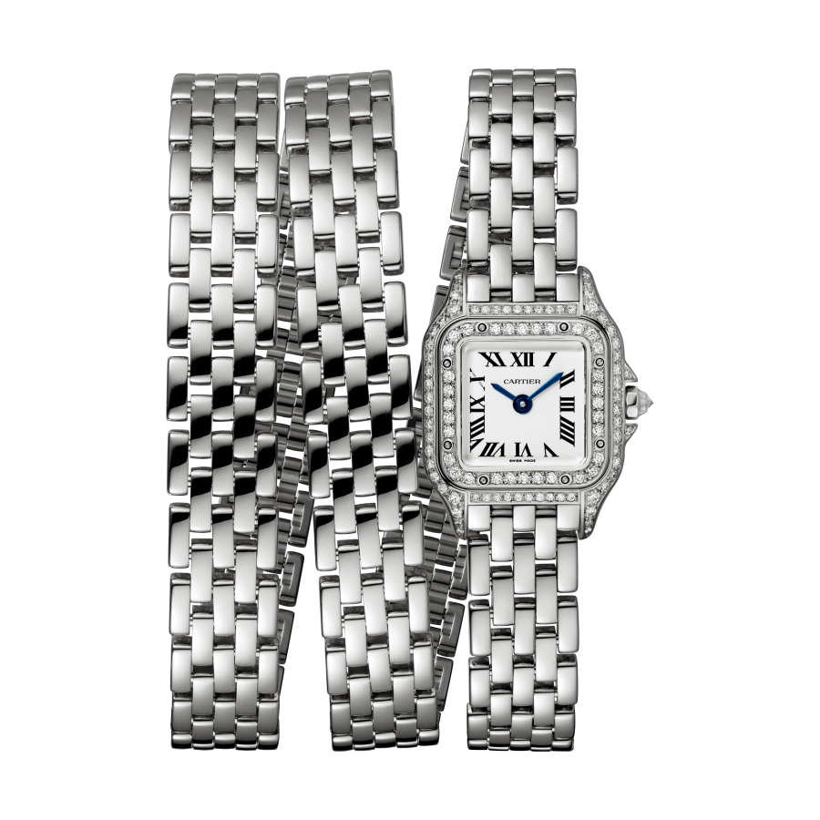 Panthère de Cartier美洲豹腕錶，白K金，三環錶鍊，鋪鑲鑽石錶殼，石英機芯，迷你款，參考價格約NTD 1,500,000。