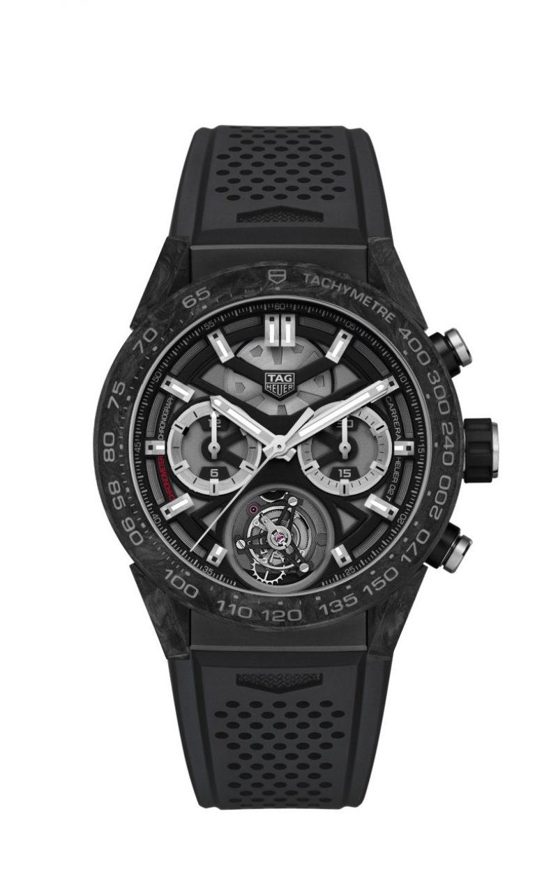 TAG Heuer Carrera Heuer-02T陀飛輪計時碼錶，碳材質款式，型號CAR5A8W.FT6071，建議售價NT$ 575,700。