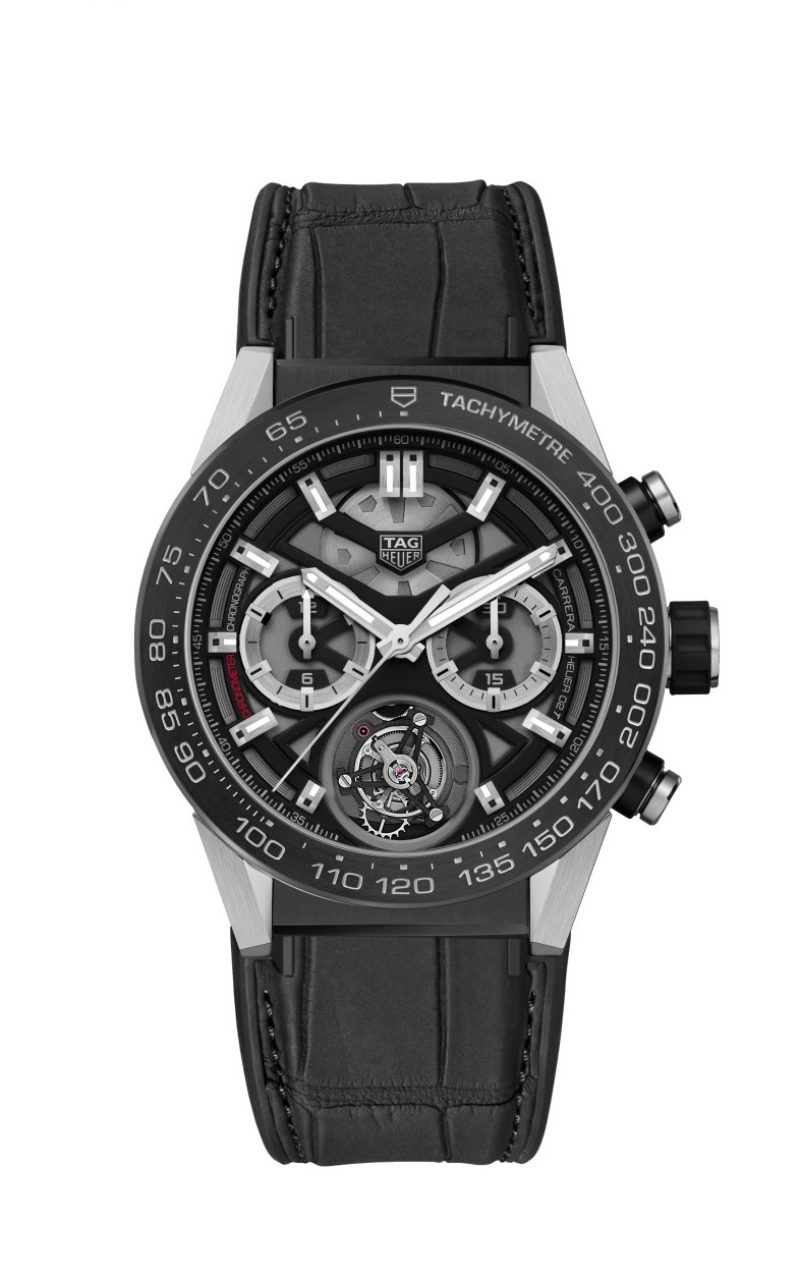 TAG Heuer Carrera Heuer-02T陀飛輪計時碼錶，鈦金屬陶瓷款式，型號CAR5A8Y.FC6377，建議售價NT$541,700。