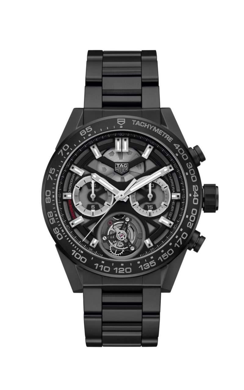 TAG Heuer Carrera Heuer-02T陀飛輪計時碼錶，黑色陶瓷款式，型號CAR5A90.BH0742，建議售價NT$ 575,700。