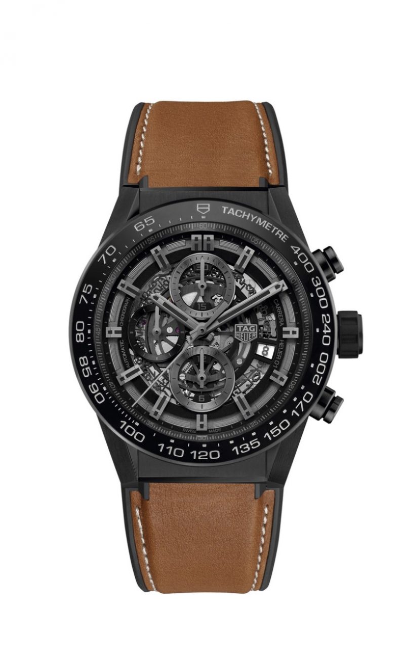 TAG Heuer Carrera Heuer-01 45毫米計時碼錶，棕色小牛皮錶帶款式，型號CAR2A91.FT6121，建議售價NT$197,300。