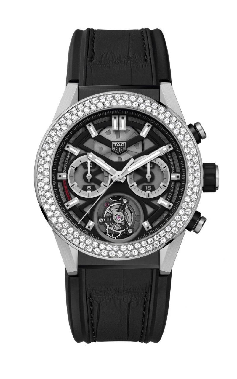 TAG Heuer Carrera Heuer-02T陀飛輪計時碼錶，錶圈鑲鑽款式，型號CAR5A80.FC6377，建議售價NT$ 780,100。
