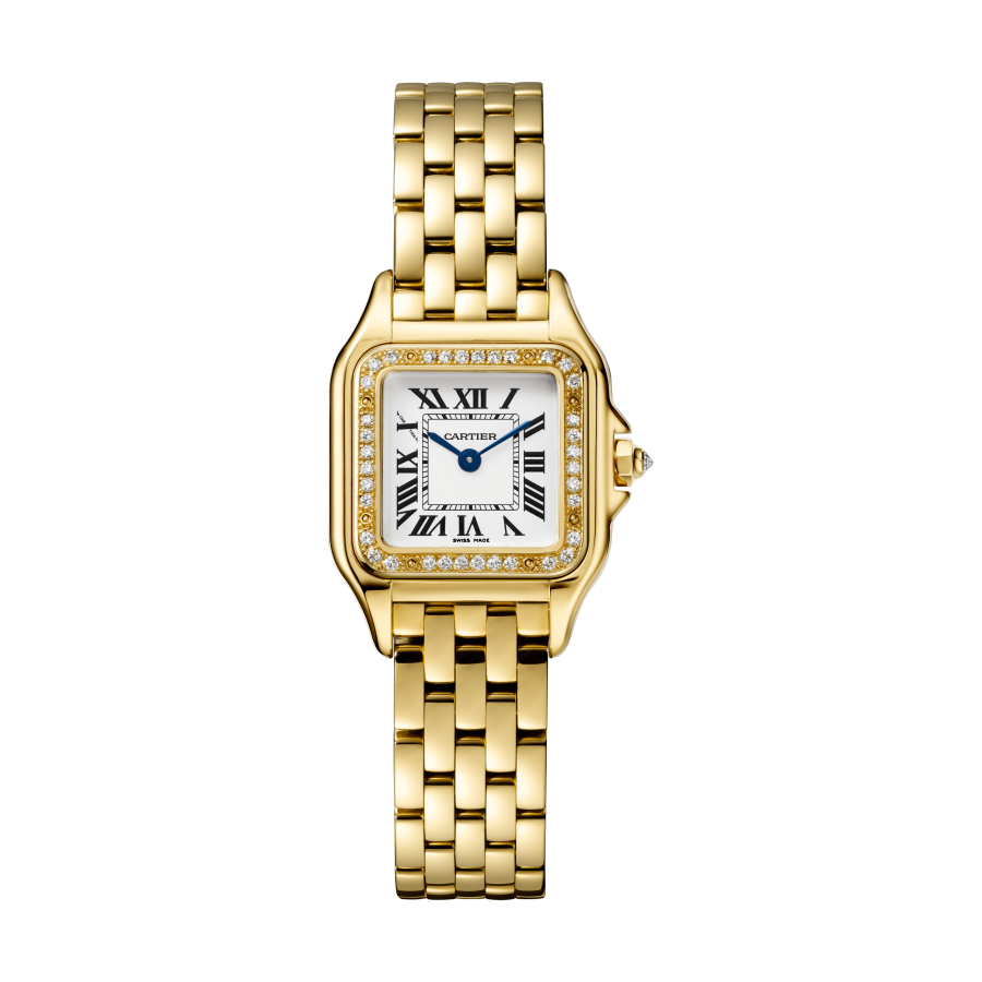 Panthère de Cartier美洲豹腕錶，黃K金，鑲鑽錶圈，石英機芯，小型款，參考價格：約NTD 750,000。
