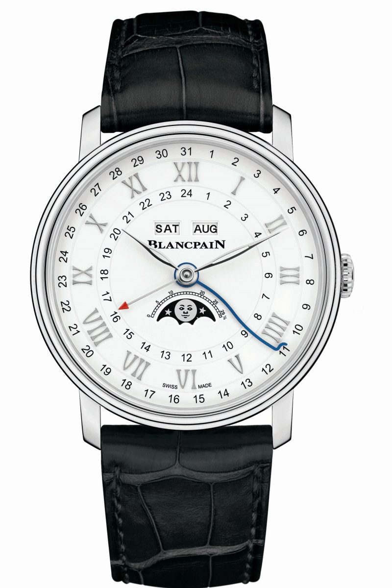 寶珀Villeret系列Quantième Complet GMT兩地時間全日曆腕錶不鏽鋼鱷魚皮錶帶版