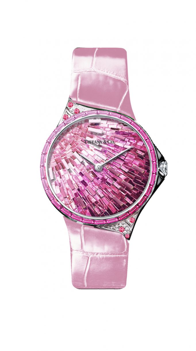 Tiffany Metro 28mm 馬賽克設計18K白金鑲嵌粉色剛玉、鑽石與彩色寶石高級珠寶腕錶，參考售價NTD3,775,000。