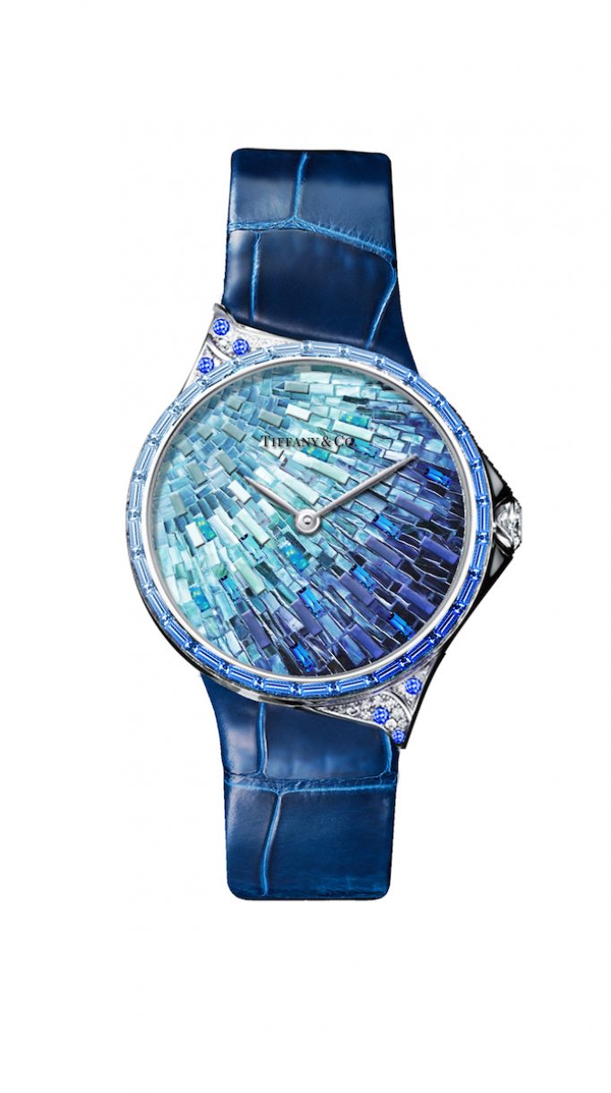 Tiffany Metro 28mm 馬賽克設計18K白金鑲嵌藍寶石、鑽石與彩色寶石高級珠寶腕錶，NTD3,775,000。