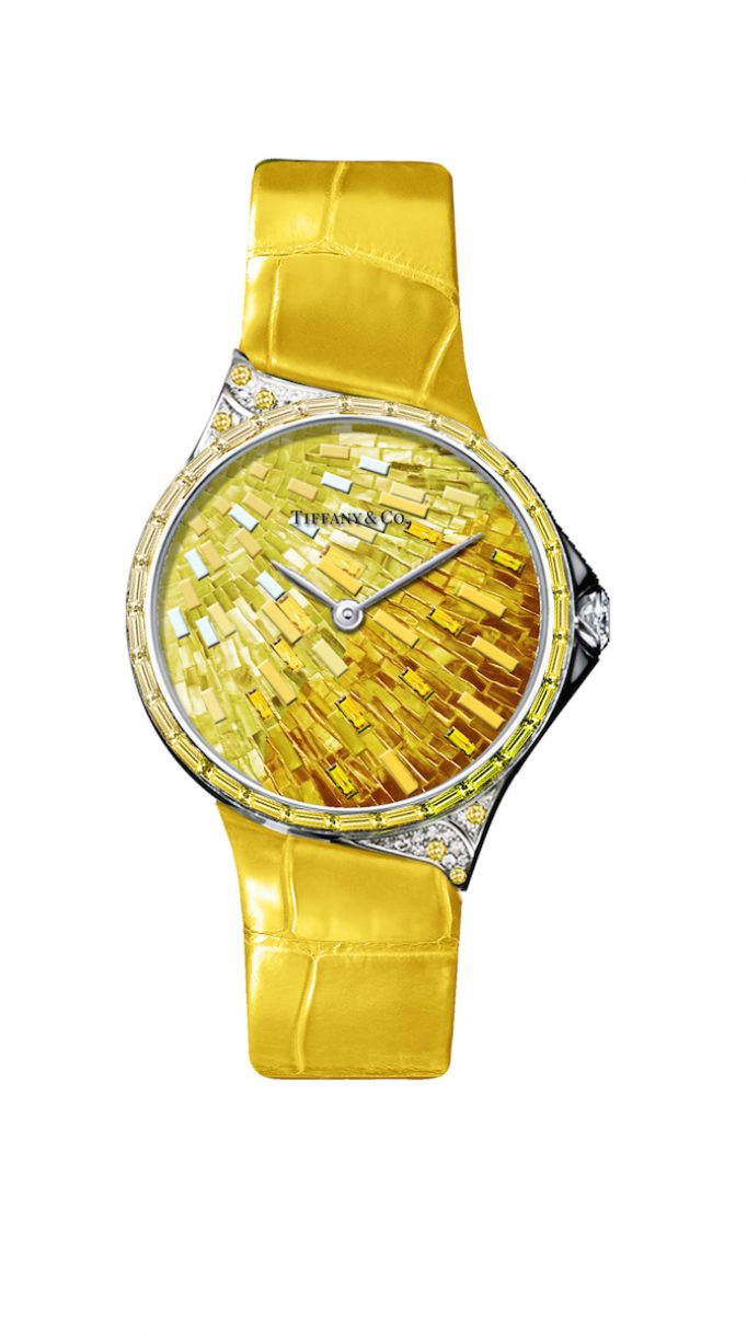 Tiffany Metro 28mm 馬賽克設計18K白金鑲嵌黃色剛玉、鑽石與彩色寶石高級珠寶腕錶，參考售價NTD3,775,000。